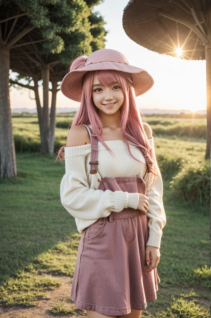 girl holding her hat, windy, flowy hair, pink hair, sunset, sun, girl with brown eyes, overalls, jumper wear, skirt, flowy mid thigh length skirt, girl pretty, anime, oshi no ko art style, shiny eyes, her back turned to the camera, off shoulder long sleeves, show her shoulder, smile, anime style, mushroom, mushroom hat, anime