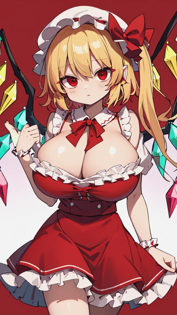 Flandre Scarlet, White Mob Cap, Red eyes, skirt set, Frills, center Frills, Huge breasts, Simple Background,