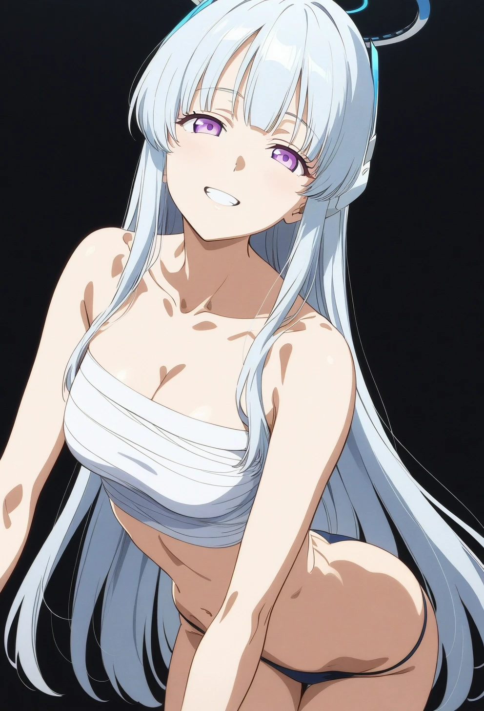best quality, amazing quality, very aesthetic, absurdres, (1girl, noa, blue archive, solo, purple eyes), (realistic face:0.9),(sarashi:1.8), ( grin, thigh:1.3), (cowboy shot), (glowing eyes), (half closed eyes:0.9), (ass), (official art:1.3), (pool), expressive eyes, perfect face, extremely detailed eyes, perfect anatomy, smooth skin, (black background:1.5), clear eyes, beautiful face, breasts, (anime style:1.7), (Warm Light:1.5), (highres:2), (Chiaroscuro)