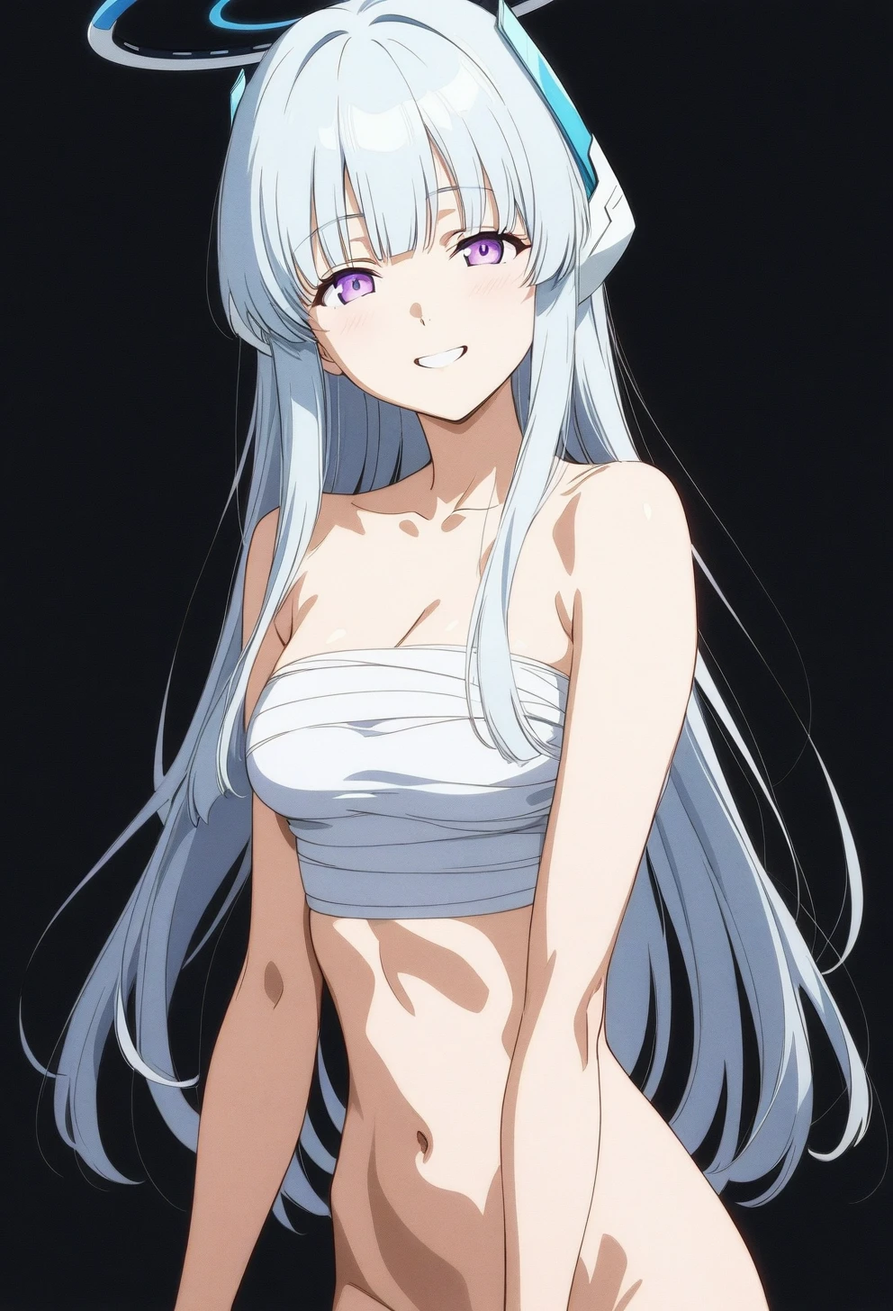 best quality, amazing quality, very aesthetic, absurdres, (1girl, noa, blue archive, solo, purple eyes), (realistic face:0.9),(sarashi:1.8), ( grin, thigh:1.3), (cowboy shot), (glowing eyes), (half closed eyes:0.9), (ass), (official art:1.3), (pool), expressive eyes, perfect face, extremely detailed eyes, perfect anatomy, smooth skin, (black background:1.5), clear eyes, beautiful face, breasts, (anime style:1.7), (Warm Light:1.5), (highres:2), (Chiaroscuro)