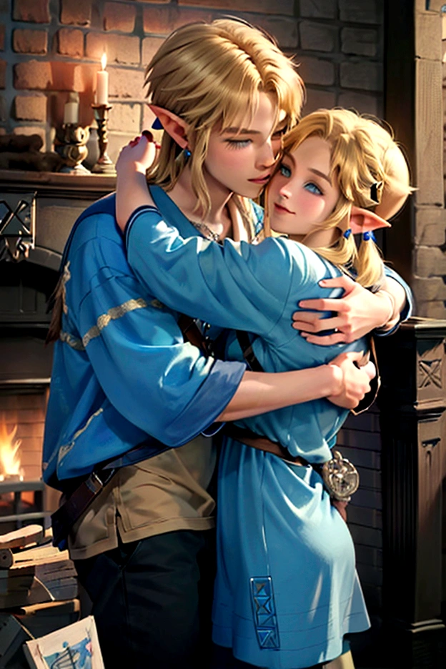 ((artwork)), (Highest quality), (detailed), ((1 boy)), (Link to the Legend of Zelda), smile, A short-haired, blue-eyed boy and a long-haired, blonde girl are hugging each other, Winter fireplace, Bright colors、Embrace each other、Love each other、kiss