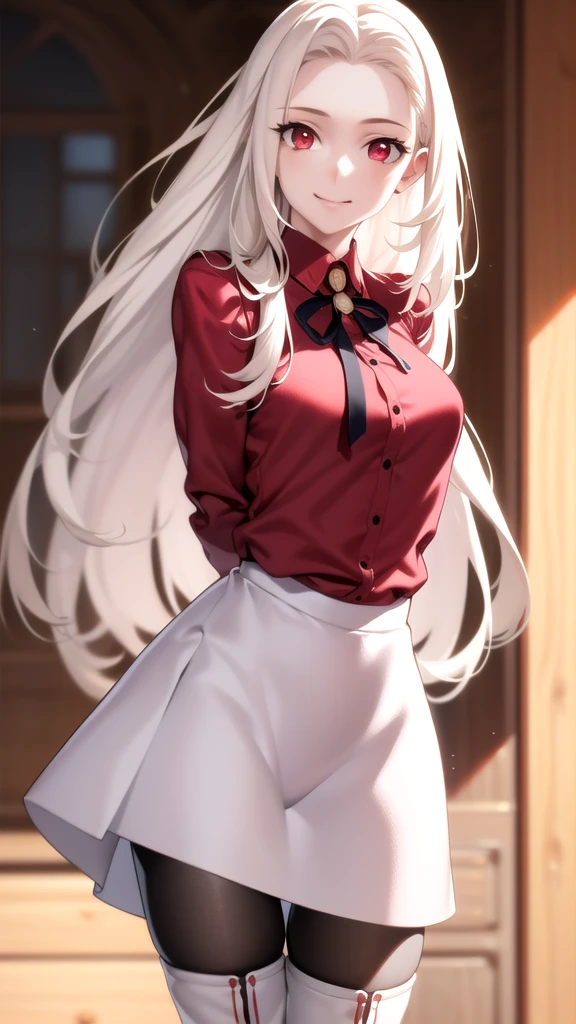 masterpiece, best quality, absurdres, perfect anatomy, 1girl, solo, Irisviel von Einzbern, long hair, red shirt, dress shirt, white skirt, pantyhose, cowboy shot, standing, smile, indoors, arms behind back, thighhigh boots