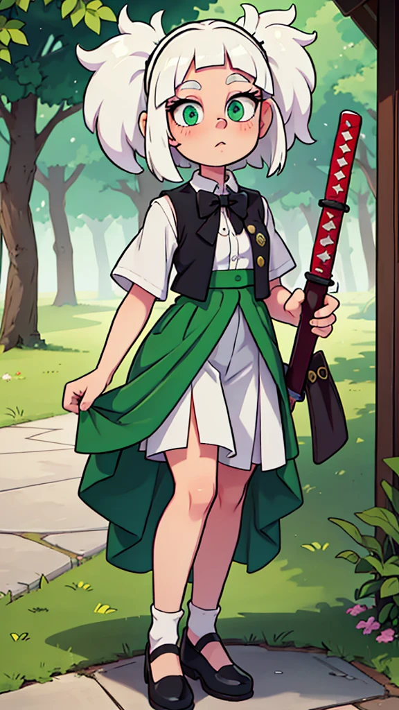 a teenage girl, temple guard, long white albino hair, her glitter green eye, she wears a white button-down blouse, underneath a short green button-down vest, a dark green maxi skirt with a black heel, carries a transparent katana. 