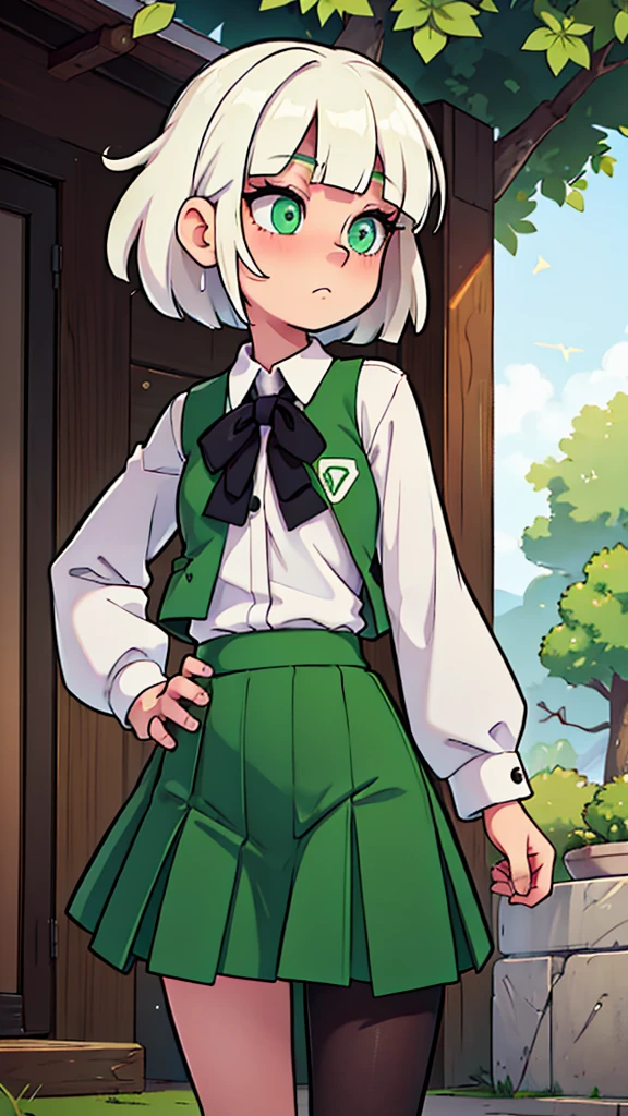 a teenage girl, temple guard, long white albino hair, her glitter green eye, she wears a white button-down blouse, underneath a short green button-down vest, a dark green maxi skirt with a black heel, carries a transparent katana. 