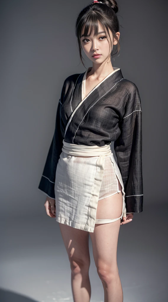 ((Highest quality, 8K, masterpiece :1.3)), Photorealistic,(Cinema Lighting),Facial detail texture.. double eyelid, Slender body. Very small breasts, Sexy clavicle,((Very cute 12 year old girl)), Photorealistic:1.37, Open kimono、((A girl wearing a black yukata))、(Tattered ultra-thin linen fabric:1.2),Brunette color hair,Hair Bun,,barefoot,Like the whole body,Short sleeve,Ultra micro mini skirt,Exposing thighs,fold,((Plain background)),A shy smile,Make your face bright red、No underwear、Super detailed ????????????、No makeup、Super clear、Ultra detailed nipples