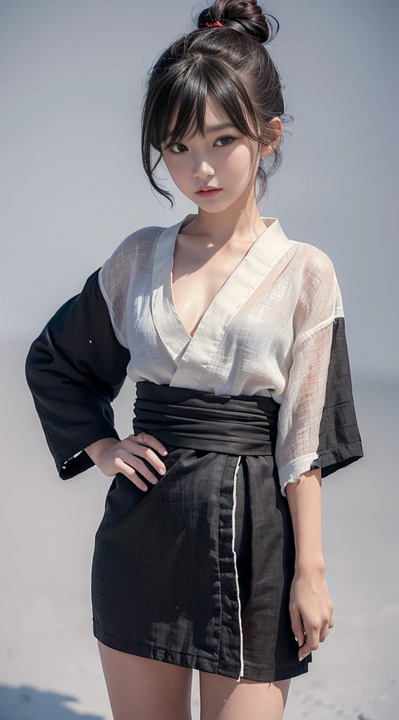 ((Highest quality, 8K, masterpiece :1.3)), Sharp focus:1.2 ， Photorealistic，(Cinema Lighting)，Facial detail texture. Eye details. double eyelid, Slender body. Very small breasts, Sexy clavicle，12-year-old girl, Photorealistic:1.37，Perfect Eyes, ((A girl wearing a black yukata))，（White sash），(Ultra-thin fabric)，((Tattered Linen))，With figure，Brunette color hair，Hair Bun，Chiban，Standing in the snow，barefoot，Like the whole body，Short sleeve，Short skirt，Exposing thighs，fold，((Plain background))，I&#39;m shy，Make your face bright red
