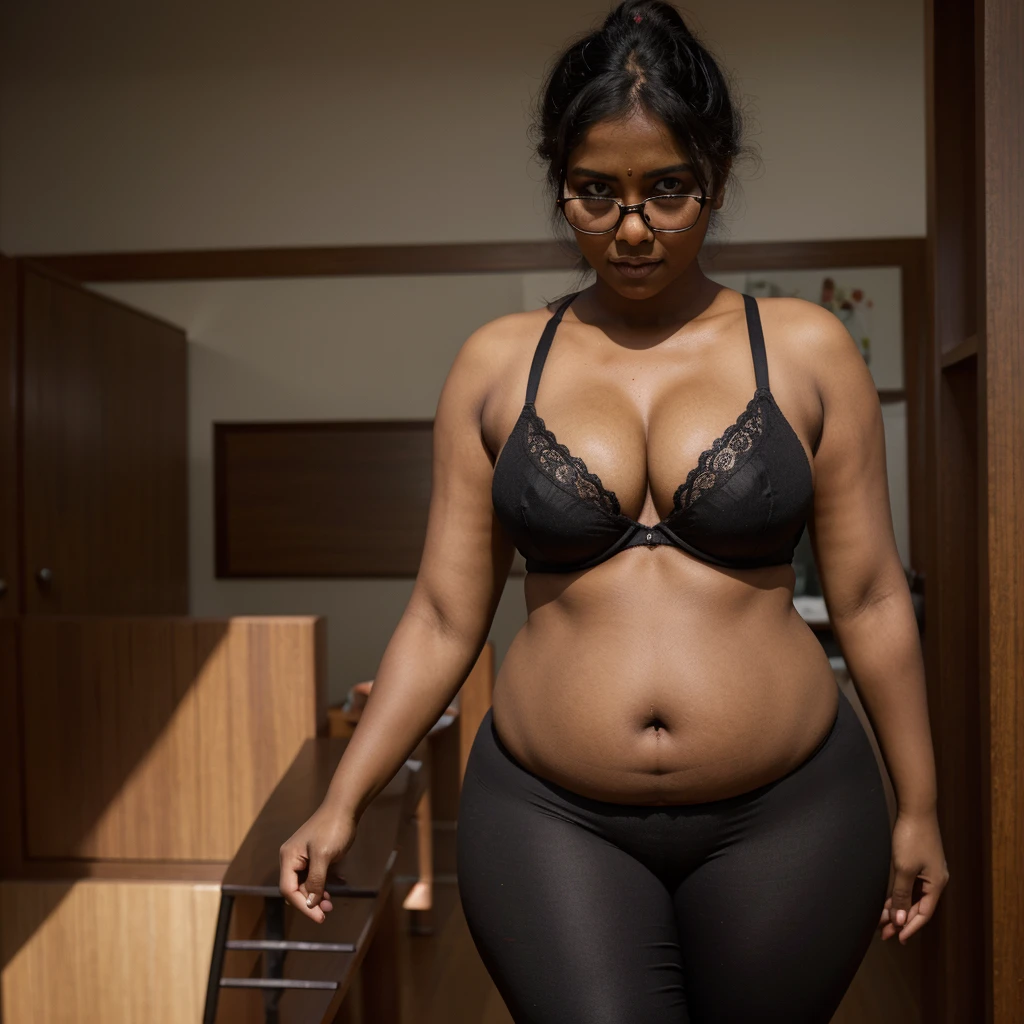 DARK SKIN, South Indian WOMAN, TALL, NAVEL, CLEAVAGE, BUSTY, FAT, VOLUPTUOUS, CHUBBY, PLUMP BELLY, LOVE HANDLES, BLACK BRA, BLACK LEGGINGS, REALISTIC, PHOTOGRAPHY, LOOKING DOWN, ROUND BLACK SPECTACLES, LOW BUN HAIR