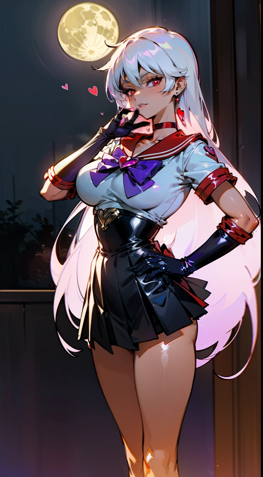 (Masterpiece), Best Quality, ultra-detailed, 1girl (SMMars, Slender and sexy body, lovely breasts, dark skin, white hair,very long hair, red eyes(snake eyes), half-closed eyes), evil face, smirk, parted lips, solo, facing viewer, looking at viewer, black latex leotard, purple bowtie, heart, purple heart jam, purple pleats skirt,heart, heart brooch,jewelry,red bow, red choker, purple gemstone, purple sailor collar, shirt, short sleeves, ultra mini skirt, elbow gloves, full moon, outdoor, fog, standing, Sexy waist teasing, a provocative pose