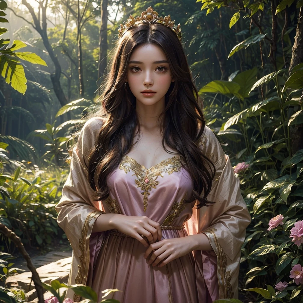 in the middle of a dense forest, there is a woman standing under the gentle sunlight, her dress is made of maroon silk fabric with intricate gold embroidery along the hem, this dress has an elegant A-line cut and is long to the ground, the woman this has long, flowing, and wavy hair, her hair is dark brown with golden red reflections, on her head, she wears a flower crown made from wild flowers that grow around the forest, this crown gives a magical and graceful impression, her face looks serene and full of charm, her eyes are emerald green, and her lips are natural pink, she holds a wooden stick with magical carvings in her hand, as if she is a wizard or the ruler of nature, around her, there are wild flowers blooming with colors -bright colors: purple, pink, and yellow, sunlight penetrates through the gaps in the leaves and creates a mesmerizing light effect around it, the whole atmosphere feels like a scene from an ancient fairy tale, where this woman is the hero who protects the forest and its creatures the magic that resides within