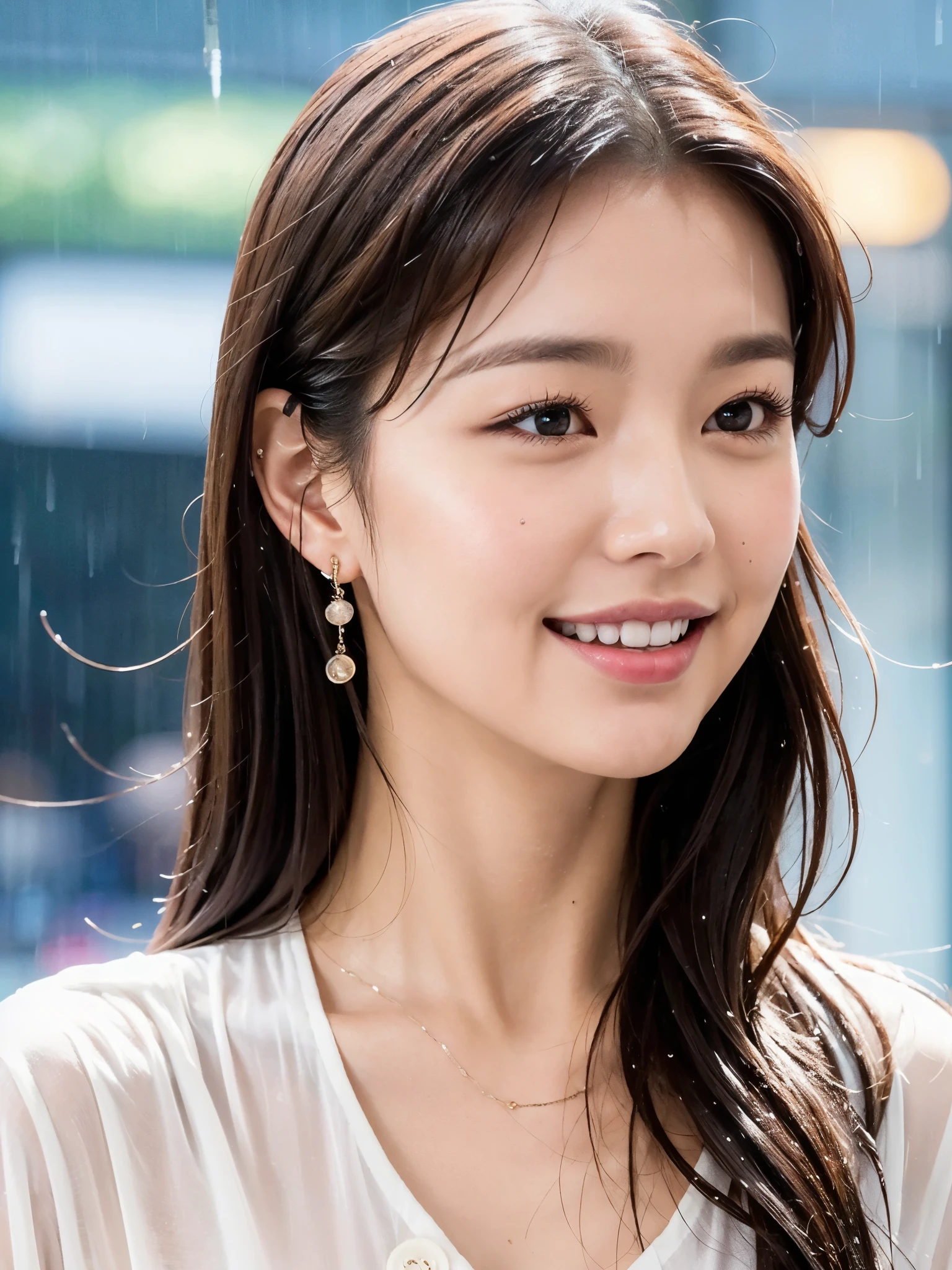 This is a photo taken from a slightly lower position of the whole body of a woman sheltering in the rain at a bus stop during a sudden heavy rain. She resembles a K-pop idol, with slightly drooping, rounded eyes, eyebrows gently slanting downwards towards the outer corners, and foggy eyes adorned with natural makeup. Her beautiful layered brown hair has both youth and beauty, she wears a white button-up long shirt with all the buttons unbuttoned, her whole body is soaked, and water droplets shine on her beautiful skin. She has large earrings in her ears and a sparkling necklace on her chest, adding a refreshing sensuality to her happy look. She smiles with a shy expression while running her wet hair over her ears, and exudes sensual charm with her bust that also has an F cup, long and beautiful legs and a thin waist.