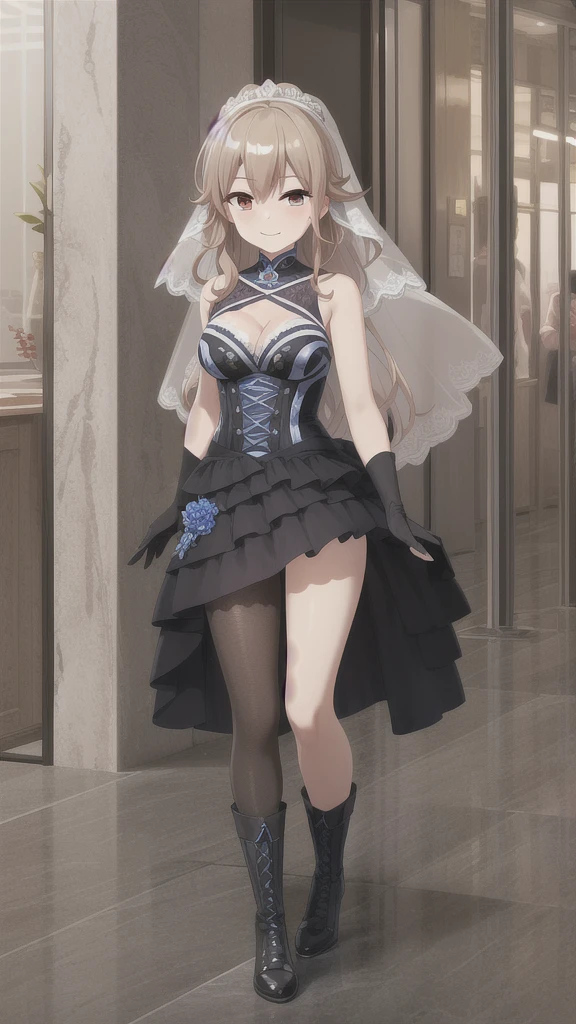 A girl，Long hair, Bangs, White hair, Hair between the eyes, s eyes:（1.5),  (Medium breasts:1.2), 
rest  锁骨, Wedding dress，veil，wedding，Black dress，Flowers，The skirt is broken，Black socks，Black knee socks，Black gloves，boots，Cleavage，
Looking at the audience, whole body,
indoors, church，permanent，permanent，Smile，With one eye closed，
rest (masterpiece:1.2), best quality, high resolution,  8k wallpaper, (illustration:0.8), (美丽细致s eyes:1.6), Extremely detailed face, Perfect lighting, Extremely detailed CG, (Perfect hands, Perfect anatomical structure),