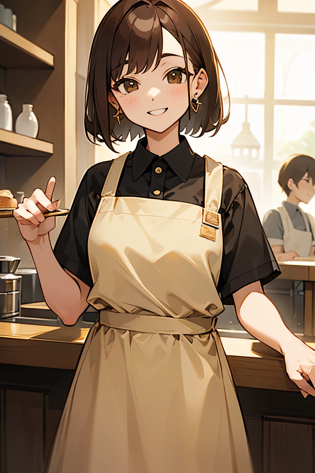 Brown Hair、Bob、older sister、adult、Cafe staff,Stylish、Beige apron、teasing、Smile、I'm making a fool of myself、Gold earrings