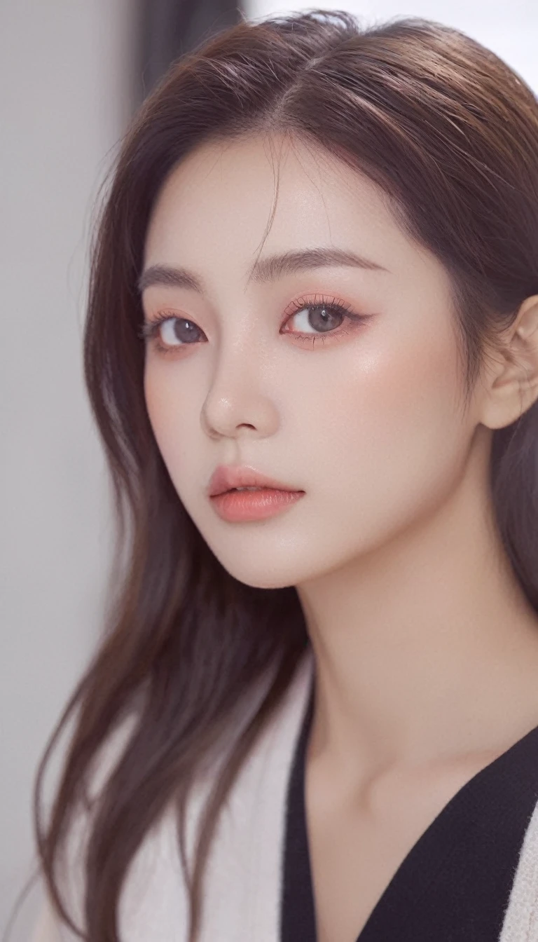 ultra wide shoot, front photo, woman, (Photorealsitic)、(intricate detailes:1.2)、(masterpiece、:1.3)、beauty face, (top-quality:1.4)、(超A high resolution:1.2)、超A high resolution、(A detailed eye)、(detailed facial features), ((Realistic lighting、top-quality、8K、natural light, masterpiece:1.3))、bright photo, Clear focus:1.2、1girl in、flawless beauty:1.4、Superfine Face、big Narrow-eyed、double eyelid、photos realistic, perfect eyes, perfect skin, detailed skin, detailed face, looking viewer, front view, potrait, raw photo, simple soft pink background, (intricate detailed skin textured:1.4) front view, looking viewer, clear face, 1 girl、porate、Bright and very beautiful face、beautiful girl, A stunning close-up portrait showcasing the beauty of a Korean model. The composition features soft, natural lighting , bright eyes, and striking cheekbones. Her glossy, The background is simply white background, wear sweetshirt, neat hair, long hair, instagram model, profil picture, bright and natural
