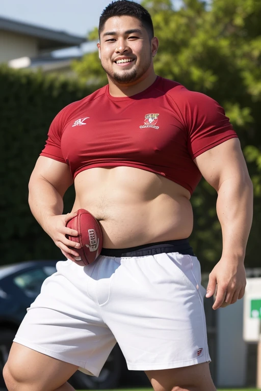 ((highest quality)), ((masterpiece)), (detailed), ((Perfect Face)), 4k, Shaved head, Young Japanese, Muscular, Fat body, Very big man, smile, ((showing off crotch)) A large Japanese man topless、whole body、Rugby last week、Thick legs、Thick arm muscles、Intimidating、whole body、wearing a very tight white under shorts