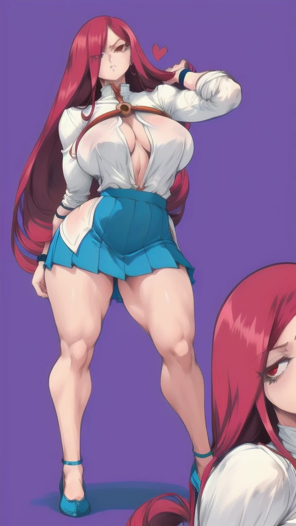 Full body image of Erza Scarlet from Fairy Tail, full body in image, wearing her original outfit (Heart Kreuz Armor with a blue skirt, white blouse, and silver armor), long red hair, female body, athletic and curvy body, dynamic pose, detailed pose, simple background, expressive face showing determination, focus on face, line art, sketch