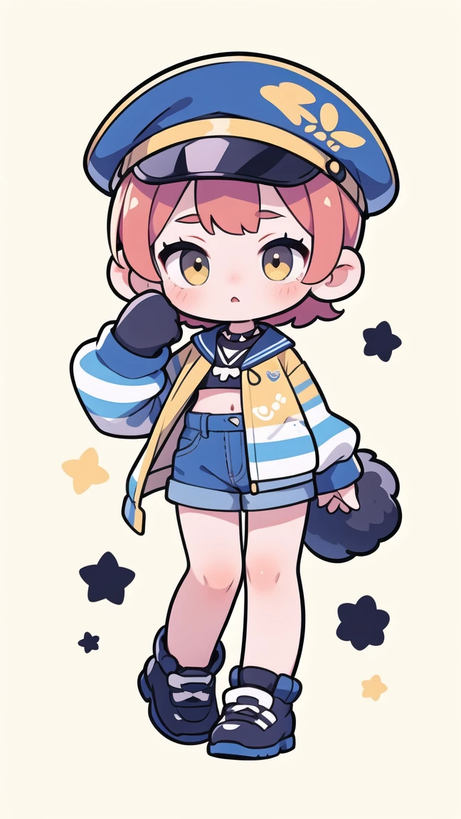 Simple details,Little,whole body, character,Girl Panda,Marine striped clothing,Marine Cap,yellow neckband,Background yellow