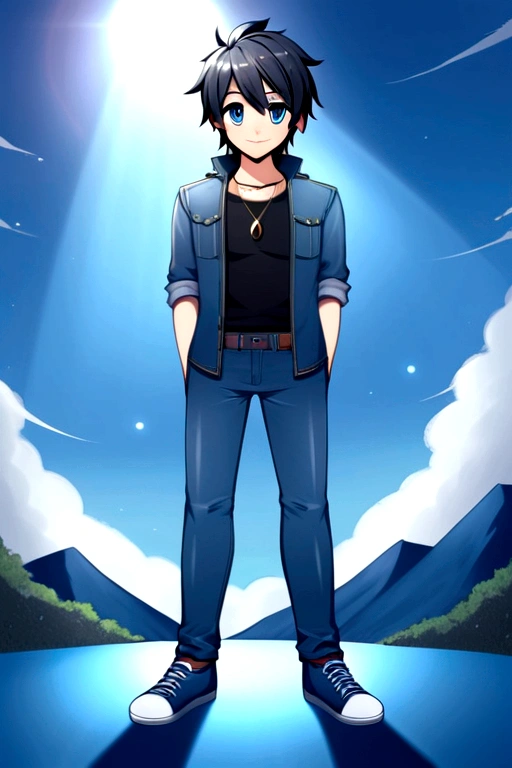 a young boy of 25 years, defined body, sharp chin, blue eyes, hiro hamada hair, black hair, disordered, happy smile, wearing a jean jacket, a simple black t-shirt, blue jeans, worn sports shoes, necklace with a sapphire stone, destroyed sapphire fragments, rays coming out of him, in some mountains, electric storms, Alone