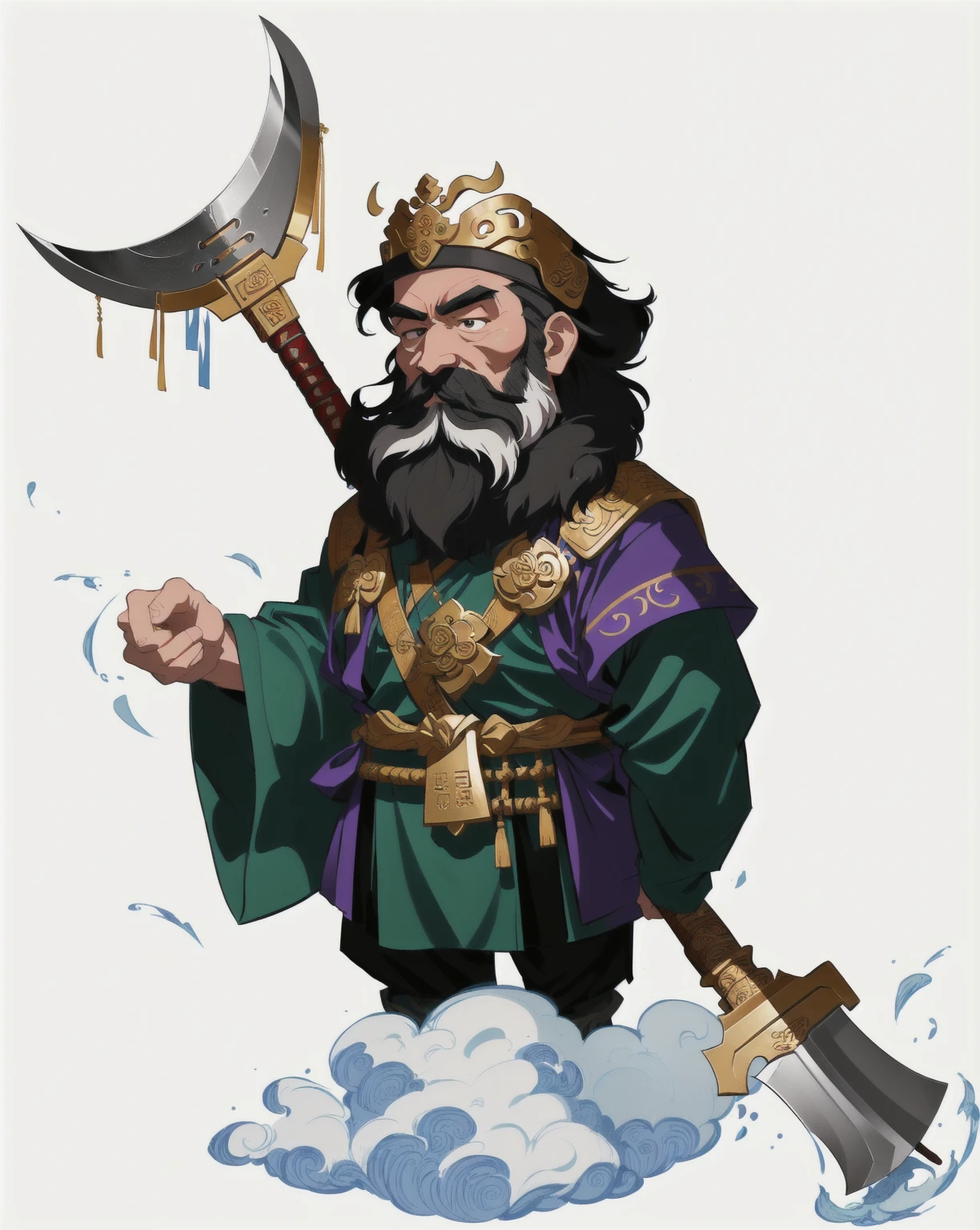 Cartoon image of bearded man holding big axe, Inspired by Hu Zaobin, guan yu, Inspired by Wu Bin, inspired by Huang Ding, Inspired by Shen Zhou, Inspired by Huang Shen, inspired by Cao Zhibai, Q version, Inspired by Lee Jae Wan, Inspired by Zhang Chengye, bian lian，Journey to the West: Monk Sha，