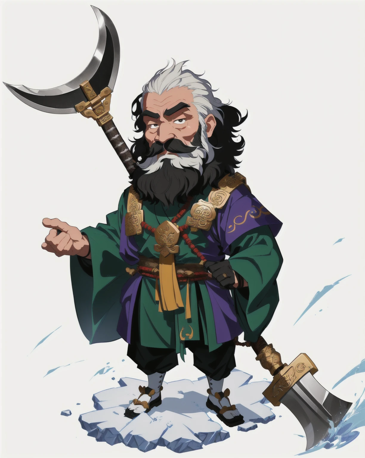 Cartoon image of bearded man holding big axe, Inspired by Hu Zaobin, guan yu, Inspired by Wu Bin, inspired by Huang Ding, Inspired by Shen Zhou, Inspired by Huang Shen, inspired by Cao Zhibai, Q version, Inspired by Lee Jae Wan, Inspired by Zhang Chengye, bian lian，Journey to the West: Monk Sha，
