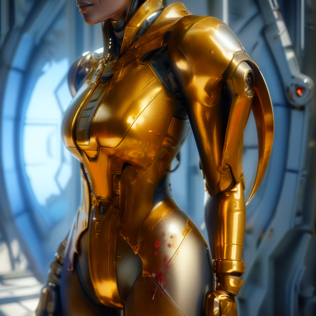 1 girl, solo, (look at viewer), ((Best quality)), ((masterpiece)), (detailed:1.4), ((upper body)), 3D, an image of a beautiful cyberpunk female,HDR (High Dynamic Range), Ray Tracing,NVIDIA RTX,Super-Resolution,Unreal 5,Subsurface scattering,PBR Texturing,Post-processing,Anisotropic Filtering,Depth-of-field,Maximum clarity and sharpness,Multi-layered textures,Albedo and Specular maps,Surface shading,Accurate simulation of light-material interaction,Perfect proportions,Octane Render,Two-tone lighting,Wide aperture,Low ISO,White balance,Rule of thirds,8K RAW, (((blood eyes))), , mechanical parts ahsoka, (dark skin:1.2), blood eyes, , medium breasts, bloodgold/black bodysuit, belt, (( bloodgold amor)) joints, body suit
