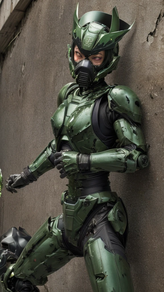 , Advanced Details, high quality, 最high quality, High resolution, 1080P 、Bleeding from the wound、Sexy Eyes、Wearing green and black、cute((The whole body is sweating))(Equipped with a damaged battle suit....)(Dark green armor)(Broken Armor)Black Hair、Chiquita、short hair、Open your mouth、Painful expression、It hurts again、Healthy Skin、20-year-old female　defeat　(Steam coming out of the face) ((Steam from the body)) 　Unable to fight　Severe attacks　((I was thrown against the wall、Head gear is broken.　)) flying debris　bare hands　Armor Stripping　Gas mask explodes