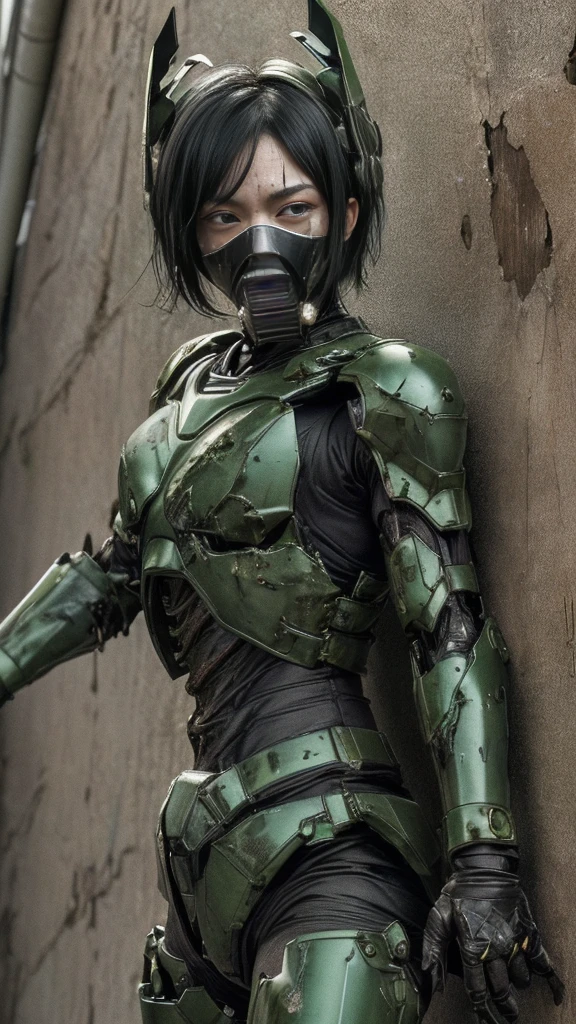 , Advanced Details, high quality, 最high quality, High resolution, 1080P 、Bleeding from the wound、y Eyes、Wearing green and black、cute((The whole body is sweating))(Equipped with a damaged battle suit....)(Dark green armor)(Broken Armor)Black Hair、Chiquita、short hair、Open your mouth、Painful expression、It hurts again、Healthy Skin、20-year-old female defeat (Steam coming out of the face) ((Steam from the body)) Unable to fight Severe attacks ((I was thrown against the wall、Head gear is broken. )) flying debris bare hands Armor Stripping Gas mask explodes