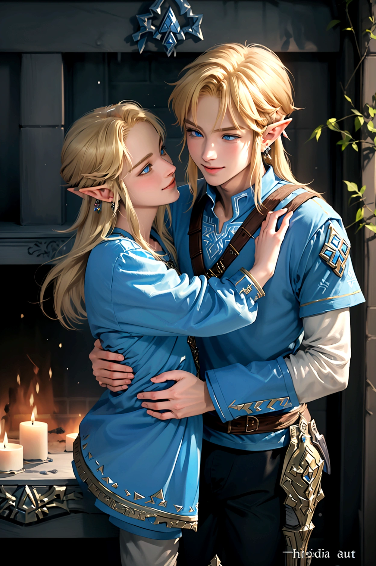 ((artwork)), (Highest quality), (detailed), ((1 boy)), (Link to the Legend of Zelda), smile, A short-haired, blue-eyed boy and a long-haired, blonde girl are hugging each other, Winter fireplace, Bright colors、Embrace each other、Love each other、kiss