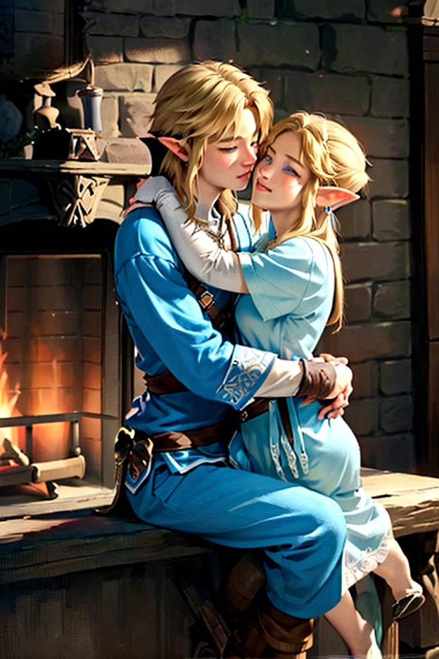((artwork)), (Highest quality), (detailed), ((1 boy)), (Link to the Legend of Zelda), smile, A short-haired, blue-eyed boy and a long-haired, blonde girl are hugging each other, Winter fireplace, Bright colors、Embrace each other、Love each other、kiss