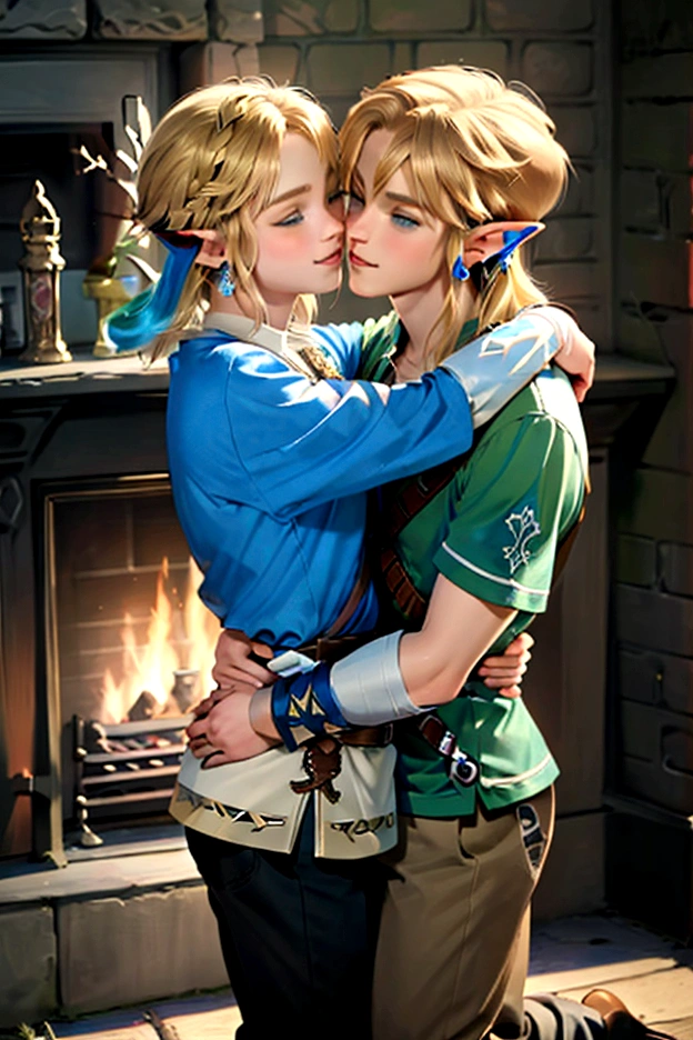 ((artwork)), (Highest quality), (detailed), ((1 boy)), (Link to the Legend of Zelda), smile, A short-haired, blue-eyed boy and a long-haired, blonde girl are hugging each other, Winter fireplace, Bright colors、Embrace each other、Love each other、kiss