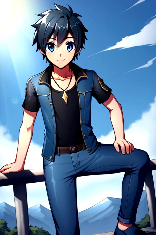 a young boy of 25 years, defined body, sharp chin, blue eyes, hiro hamada hair, black hair, disordered, happy smile, wearing a jean jacket, a simple black t-shirt, blue jeans, worn sports shoes, necklace with a sapphire stone, destroyed sapphire fragments, rays coming out of him, in some mountains, electric storms, Alone