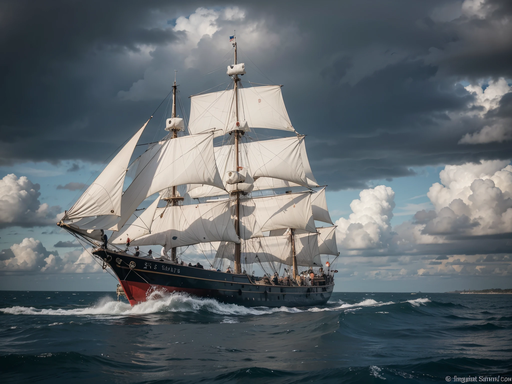 a 1500 caravel sailing across the ocean in the middle of a stormy day with many black clouds in the sky and very rough sea