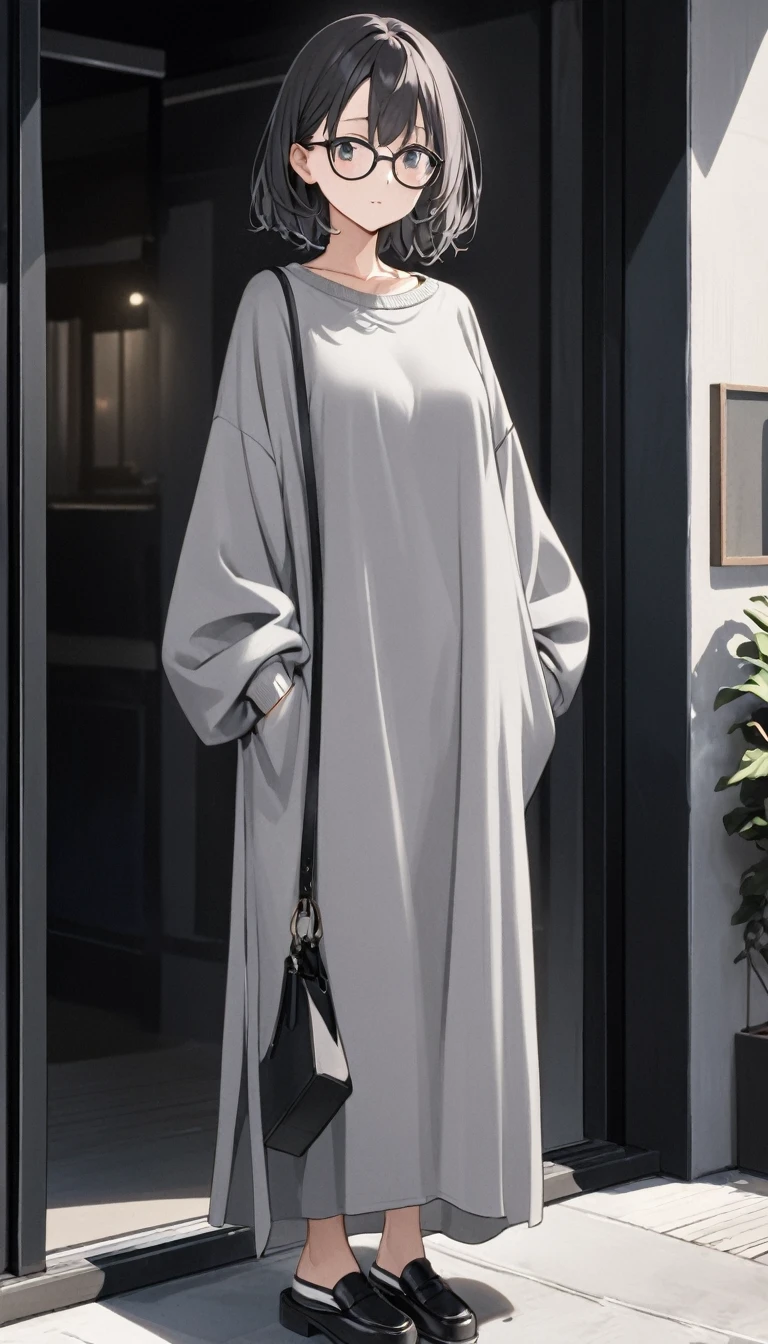 short、Black-rimmed glasses、Loose-fitting grey knit maxi dressCleavage