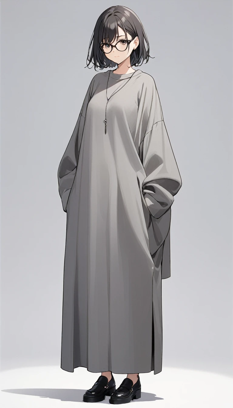 short、Black-rimmed glasses、Loose-fitting grey knit maxi dressCleavage