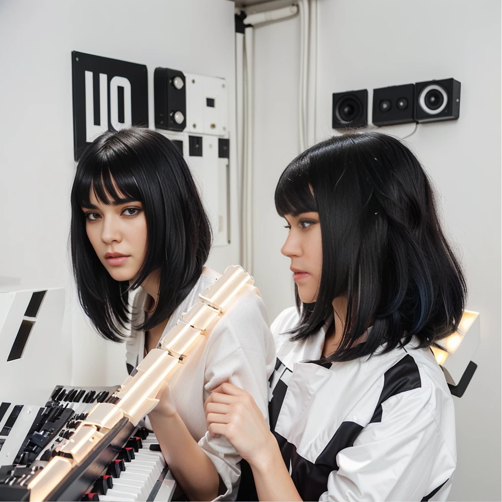 there is a woman holding a keyboard and a microphone in her hands, keyboardist, promotional shot, hair blackhits hair, her hair is the milky way, [ realistic photo ]!!, promotional art, Promotional photo, hair whitehits hair, black hair and white hits, using synthesizer, she has black hair with hits, with a bob cut, hits