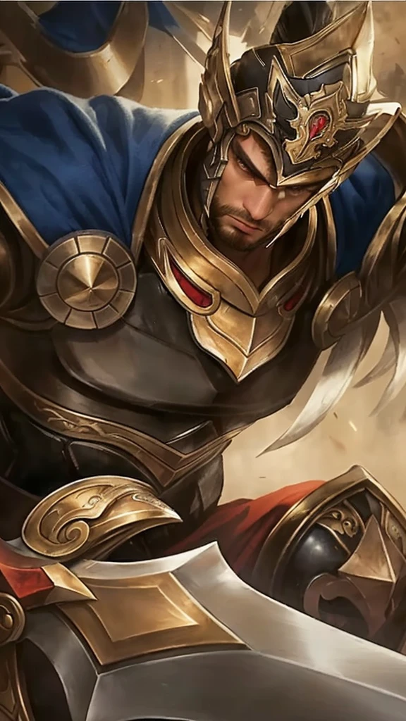 a close up of a man in armor holding a sword, detailed armor, highly detailed facial features, piercing gaze, chiseled jaw, brooding expression, intricate sword hilt, ornate sword blade, dramatic lighting, cinematic composition, dark fantasy, muted color palette, moody atmosphere