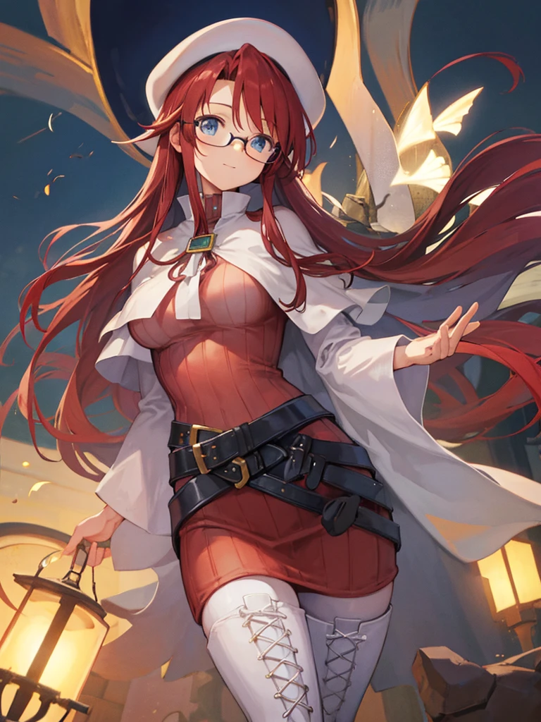 summonnightaty, aty, long hair, blue eyes, red hair, beret, hat, glasses,
BREAK long hair, thighhighs, hat, dress, boots, glasses, belt, cape, sweater, zettai ryouiki, beret, thigh boots, white footwear, ribbed sweater, loose belt,solo,
BREAK outdoors, fantasy_town,
BREAK (masterpiece:1.2), best quality, high resolution, unity 8k wallpaper, (illustration:0.8), (beautiful detailed eyes:1.6), extremely detailed face, perfect lighting, extremely detailed CG, (perfect hands, perfect anatomy),covered_nipples,covered_navel,light_smile ,(half_eyes:1.4),sword,armpit,sleepy,dynamic_standing,barrel,red_sweater,apart_legs,magical_effect,