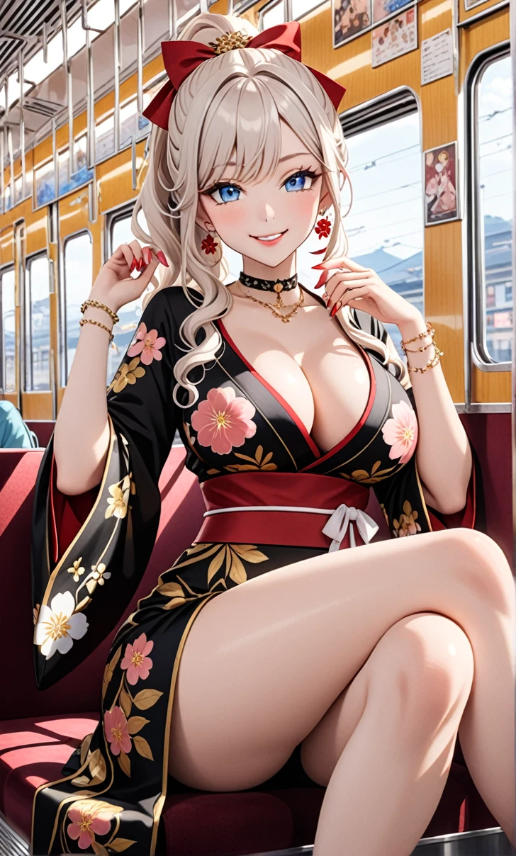 ultra-detailed, ((one girl)), (pale skin:1.3), in pastel colors gyaru, hyper detailed, absurdres, 8K, fair skin, Beautiful Face, (heavy makeup), (Laugh shyly), ((teasing smile:1.8)), ((Wink:1.6)), (Laugh with your mouth wide open),((Tilt your head:1.6)), View your viewers, ((Bright red cheeks:1.6)),Glossy Red Lips, ((blue eyes)), ((Big Breasts:1.5)), (show off breast), noon, on the train, ((Anime style background)),masterpiece, Highest quality, so beautiful,Latest, Complex details, (Pink long nails), (nail art), (ring),(bracelet), (Floral choker),AI-generated, Complex,High resolution, Highest quality, super high quality,3D Images、3D Images,One person,long white hair,(High Ponytail), (wavy hair:1.1), Anime woman posing for a photo, ((Fine grain、blue eyes、glowing eyes:1.4)), (Squint your eyes:1.1),a hyperRealistic , hyperRealistic , Realistic,Anime woman with long white, Smooth anime CG art, Girl in black kimono, Gold embroidery, ((black furisode)),(Large floral pattern) Long flower hair ornament,Floral Earrings,Mature Body, tall,Abdominal muscles,Narrow waist,(Sit in your seat), ((Crossing your legs:1.4)), (Shooting from below at an angle),