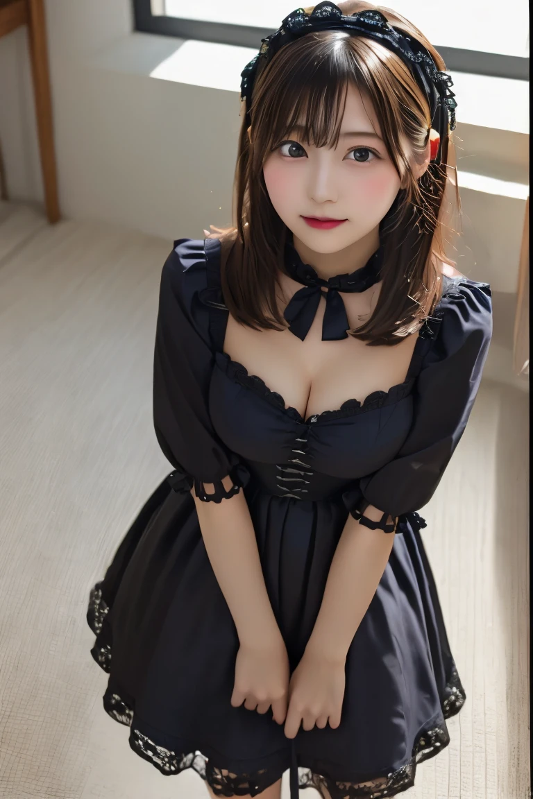 Highest quality, (beautiful)、Gothic ta、Soft 、Larger breasts、Shoot from above、Leaning forward