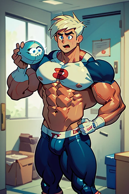 (Masterpiece) (Hyper muscular) (3 boys) Danny Phantom, ghost, hypnosis, jock, conversion, locker room hallway, hyper muscles, jockstrap, bro, meathead, hypnotized, brainwashed, brainwashing, big dumb jock, football. Glowing blue eyes. Hyper crotch bulge. Massive bulging crotch. Big balls. Big biceps. Big triceps. Big traps. Broad shoulders. Big meaty pecs. Big thighs. Thick glutes. Hyper muscles. crew cut. Football team assimilation. Clothes turning into a football uniform. Danny Fenton shoving a person inside an open locker. Danny Fenton turning into Dash Baxter's football jock lackey. Dash whispering in Danny Fenton's ear. Danny Fenton obeying Dash Baxter as Dash Baxter says, "Don't worry, Fenton. You'll like being on my team. Now shove that nerd into the locker like a good jock. You know you want to...." Dumber. IQ drain. Danny responds as he continues to shove the person into the open locker, "Yes, Dash.... Must ... beat up nerds ... because I am a jock...." Open mouth. Blank stare. digital painting. Very detailed.