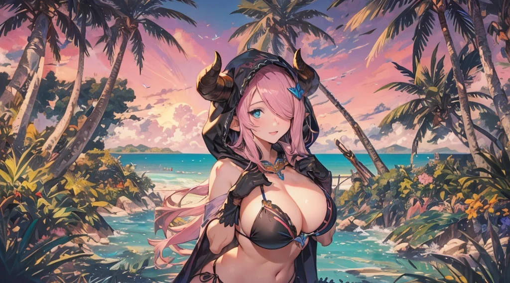 Vibrant, high-definition anime-style illustration set on a tropical beach. The layout features a central female character, Narmaya, with long pink hair, partially covered by a hooded cloak adorned with brown horns. She has fair skin, large expressive blue eyes and pink pupils, and a small blue butterfly hair clip. One eye is covered by her hair. The character is wearing a revealing black bikini with gold accents, and her hands are holding the edges of her cloak. The background showcases a pristine beach with white sand, lush green foliage, and tall palm trees. The clear blue sky and turquoise ocean complete the idyllic setting, with distant islands visible on the horizon. Narmaya and her attire are meticulously detailed. The intense effort put into shading brings this image to a realistic style. Gorgeous vibrant colors draw the eye. Narmaya's suggestive stance brings the viewers focus to her large and perfectly shaped breasts. The image is both magical and erotic. 

(masterpiece), best quality, expressive eyes, perfect face, suggestive pose, purple and pink background, seductive, fantasy, 8k, absurdres, narmaya, pink hair, blue eye with pink pupil, hair over eye, draph, horns, butterfly hair clip, black bikini, hood, defined hands, perfect hands, perfect fingers,