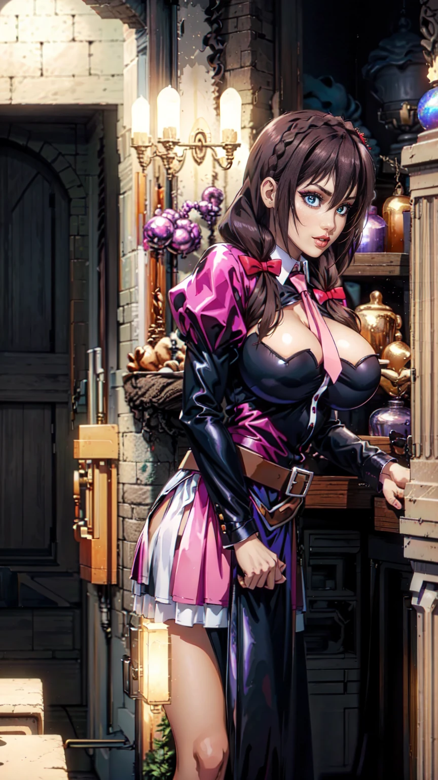((best quality)),((highly detailed)),masterpiece,absurdres,detailed face,beautiful face,(detailed eyes, deep eyes),1girl,Yunyun, solo, red eyes, necktie, big breast, brown hair, braid, pink necktie, skirt, belt, bow, long hair, long sleeves, latex pink skirt, hair bow, crown braid, hair ornament, bangs, necktie between breasts, puffy sleeves, hair between eyes, clothing cutout, cleavage cutout, latex shirt, red bow, , twintails, day, latex black shirt, between breasts, ribbon, juliet sleeves,,blush, miniskirt, low twintails, standing, pleated skirt, brown belt, sidelocks, hair ribbon, cleavage, jacket, dress, frown, wing collar,standing in a Alley