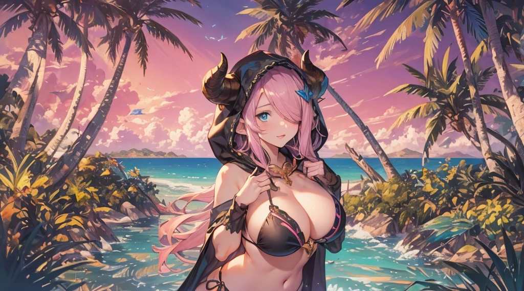 Vibrant, high-definition anime-style illustration set on a tropical beach. The layout features a central female character, Narmaya, with long pink hair, partially covered by a hooded cloak adorned with brown horns. She has fair skin, large expressive blue eyes and pink pupils, and a small blue butterfly hair clip. One eye is covered by her hair. The character is wearing a revealing black bikini with gold accents, and her hands are holding the edges of her cloak. The background showcases a pristine beach with white sand, lush green foliage, and tall palm trees. The clear blue sky and turquoise ocean complete the idyllic setting, with distant islands visible on the horizon. Narmaya and her attire are meticulously detailed. The intense effort put into shading brings this image to a realistic style. Gorgeous vibrant colors draw the eye. Narmaya's suggestive stance brings the viewers focus to her large and perfectly shaped breasts. The image is both magical and erotic.
(masterpiece), best quality, expressive eyes, perfect face, suggestive pose, purple and pink background, seductive, fantasy, 8k, absurdres, narmaya, pink hair, blue eye with pink pupil, hair over eye, draph, horns, butterfly hair clip, black bikini, hood, defined hands, perfect hands, perfect fingers,