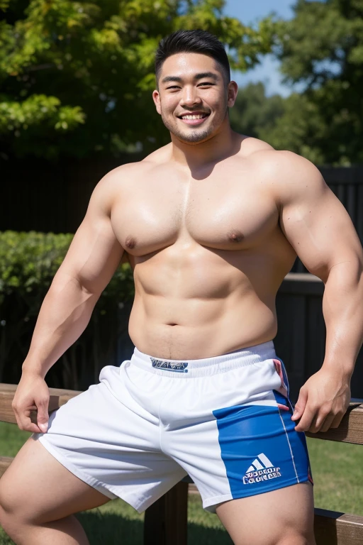 ((highest quality)), ((masterpiece)), (detailed), ((Perfect Face)), 4k, Shaved head, Young Japanese, Muscular, Fat body, Very big man, smile, ((showing off crotch)) A large Japanese man topless、whole body、Rugby last week、Thick legs、Thick arm muscles、Intimidating、whole body、wearing a very tight brack shorts