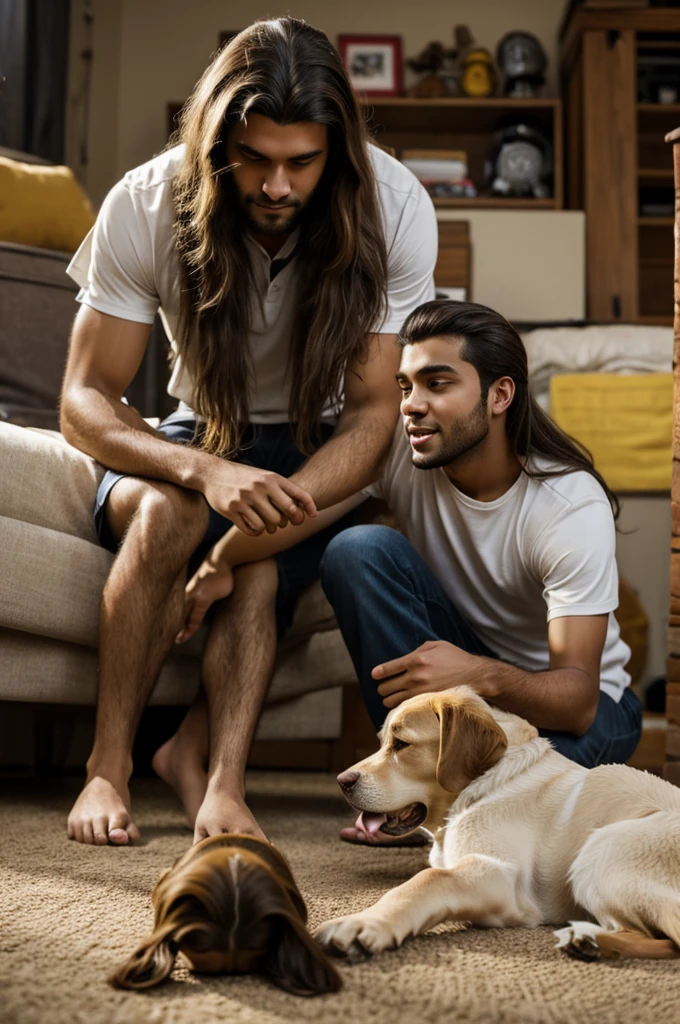 A homemade non-professional photograph of a beardless young man with long hair and light brown skin playing with a dog