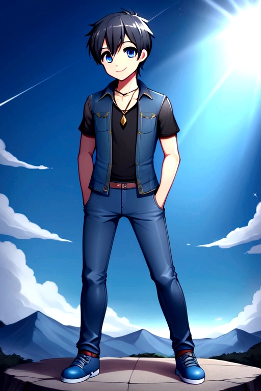 a young boy of 25 years, defined body, sharp chin, blue eyes, hiro hamada hair, black hair, disordered, happy smile, wearing a jean jacket, a simple black t-shirt, blue jeans, worn sports shoes, necklace with a sapphire stone, destroyed sapphire fragments, rays coming out of him, in some mountains, electric storms, Alone 