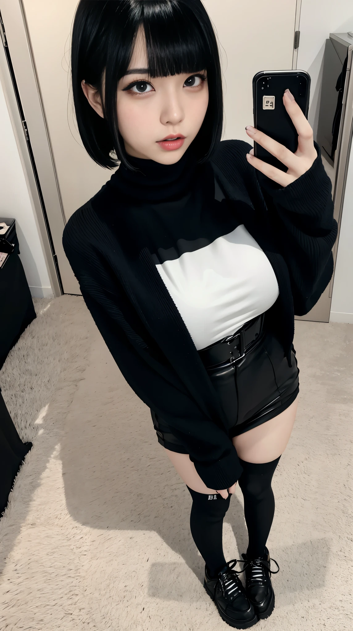 ,(masterpiece,Highest quality),Zettai Ryoki Thigh,Black-haired,Medium Bob,Black socks、Big Breasts、