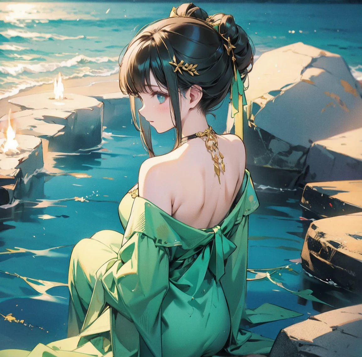 One woman、Gorgeous green swimsuit、,race,Black Hair、Short bun hair、hair ornaments、necklace、back、Golden devil horns、Anatomically correct,、Night beach、Night Pool