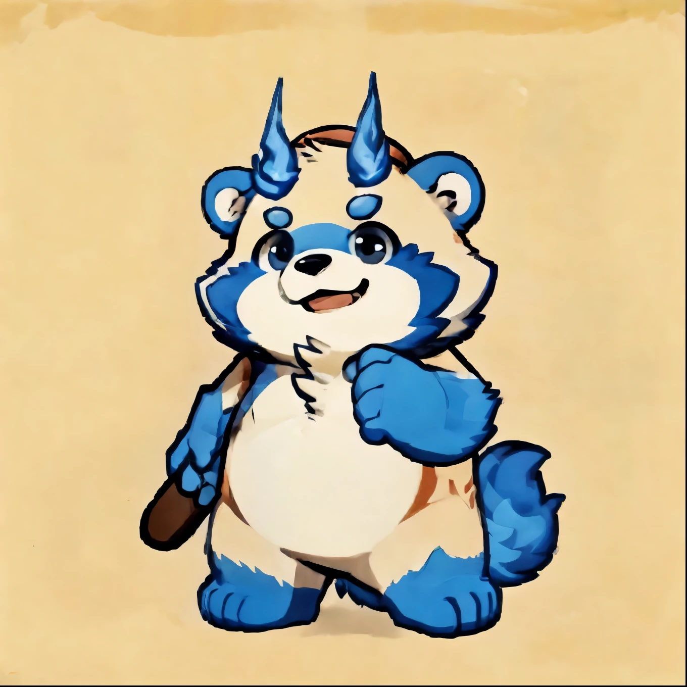 solo, botailang,Cute face, (baseball cap, Wielding Baseball bat) ,(Sideways, sidled), Chubby,(white eyebrows:1.1),(perfect black eyes),Simple background, Blue Background,print style。（Artist:Takemoto Arashi），blue fire ，tanuki，blue fire above the eyebrows