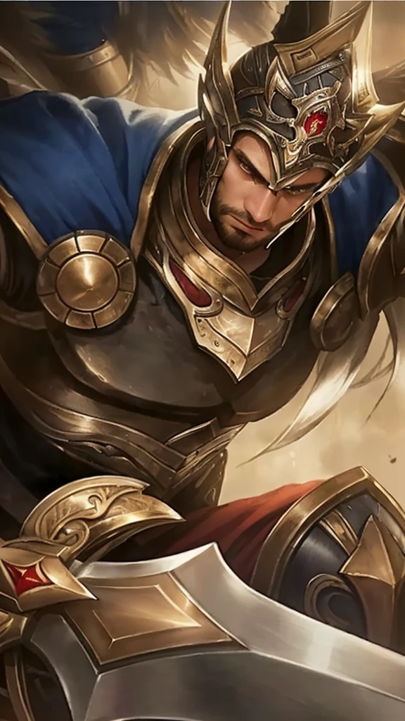 a close up of a man in armor holding a sword, detailed armor, detailed eyes, highly detailed facial features, piercing gaze, chiseled jaw, brooding expression, intricate sword hilt, ornate sword blade, dramatic lighting, cinematic composition, dark fantasy, muted color palette, moody atmosphere