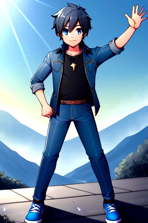 a young boy of 25 years, defined body, sharp chin, blue eyes, hiro hamada hair, black hair, disordered, happy smile, wearing a jean jacket, a simple black t-shirt, blue jeans, worn sports shoes, necklace with a sapphire stone, destroyed sapphire fragments, rays coming out of him, in some mountains, electric storms, Alone